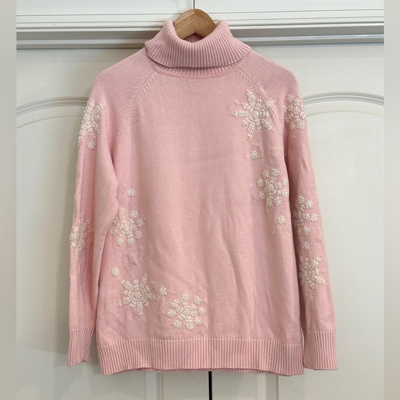 Eddie Bauer Angora Blend Turtleneck Pink Sweater with Ivory Snowflake Accents - Picture 1 of 8